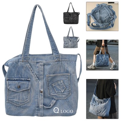 19.2 X 13" Denim Spacious Shoulder Crossbody Tote Bag