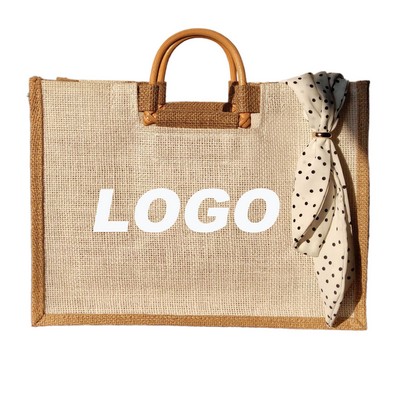 Wooden Handle Linen Tote Bag