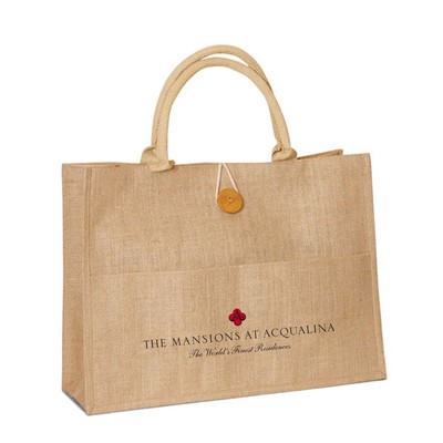 Reusable Jute Burlap Shopping Bag with Front Pocket, Button Closure & Cotton Handles Tote Bags