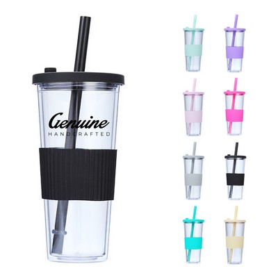 24oz Double Wall Insulated Plastic Tumbler with Silicone Sleeve and Straw