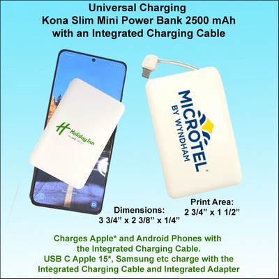 Universal Charging Kona Slim Mini Power Bank 2500 mAh, Integrated Charging Cable