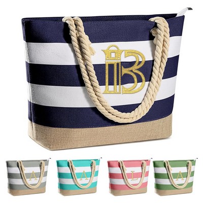Striped Zipper Beach Bag w/ Woven Handles