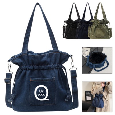 12.2 X 11.4" Denim Drawstring Tote Bag W/ Shoulder Strap
